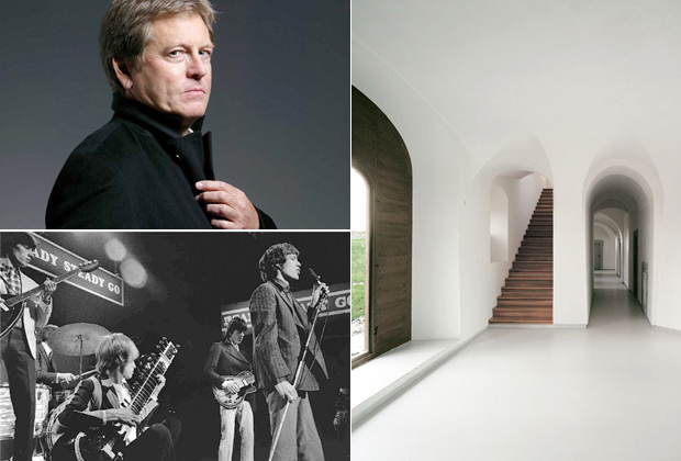 Portrait of the Architect John Pawson who has chosen this week's Muse Music (top left), image from the interior of his Novy Dvur Monastery (2003) (right) and The Rolling Stones (bottom left) who feature on his playlist