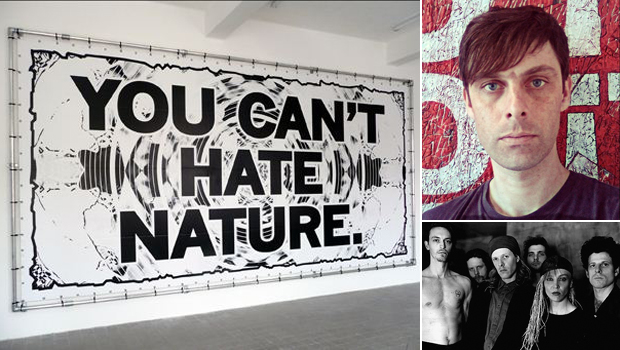 Mark Titchner's work 'You Can't Hate Nature' (2009) (left), portrait of the artist (top right) and influential post punk band Swans (bottom right) who feature on the artist's Muse Music playlist today 