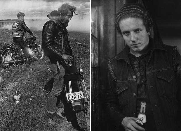 Photographs from Danny Lyon's series The Bikeriders (1963) - Zipco, Elkhorn, Wisconsin (left) and Funny Sonny, Chicago (right)
