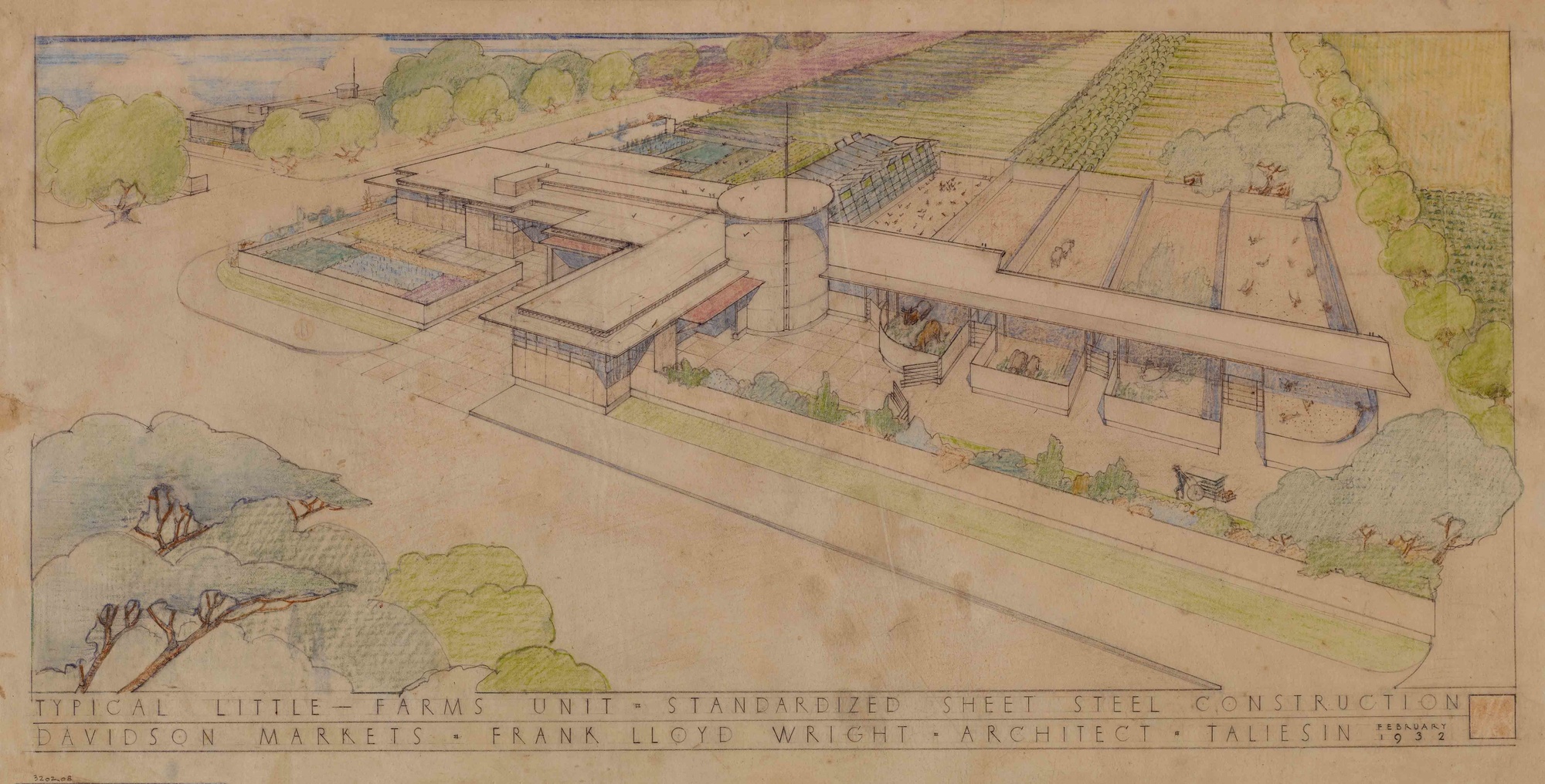 A 1932 illustration of Davidson Little Farms Unit by Frank Lloyd Wright. Image courtesy of MoMA