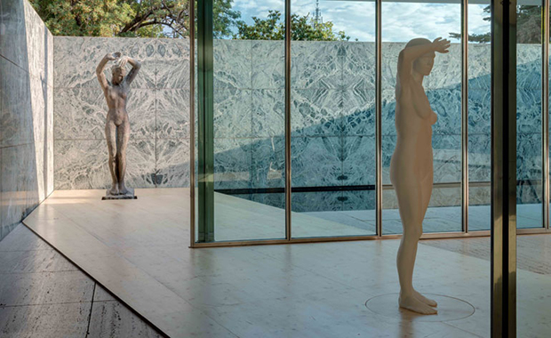 Architectones at the Barcelona Pavilion (2014) by Xavier Veilhan. Kolbe's Dawn is at the back. Photo by Florian Kleinefenn