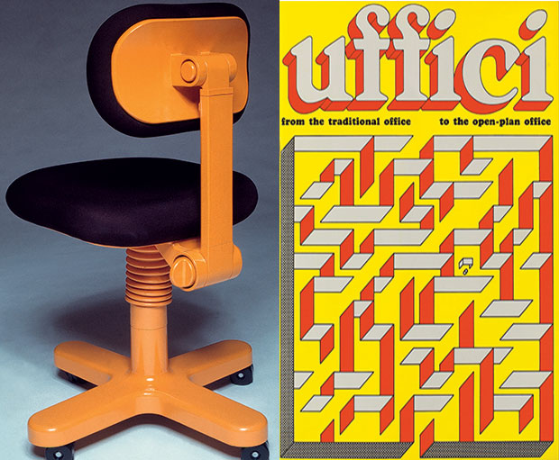 Adjustable typist chair from the Sistema 45 collection, 1973, by Ettore Sottsass, and the cover of Sottsass's accompanying Uffici booklet, 1973. From our Sottsass monograph