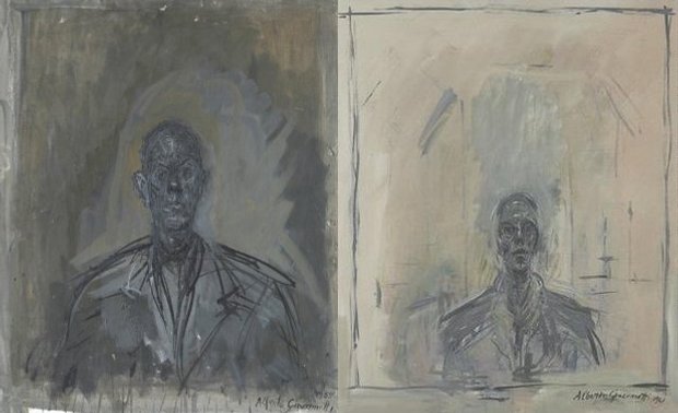 From left: Diego (1959) by Alberto Giacometti; John Myatt, in the style of Giacometti, Portrait of Samuel Beckett, dated 1961