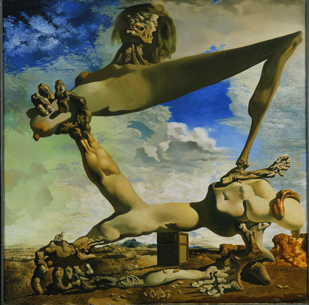 Soft Construction with Boiled Beans (Premonition of Civil War), 1936, Salvador Dalí, Spanish, 1904‑1989, Oil on canvas, 39 5/16 x 39 3/8 inches (99.9 x 100 cm), Philadelphia Museum of Art, © Salvador Dali, Gala‑Salvador Dali Foundation / Artists Rights Society (ARS), New York