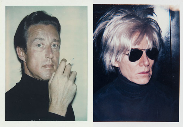 Right, Halston, by Andy Warhol, 1974; left: Warhol self portrait with fright wig, 1986